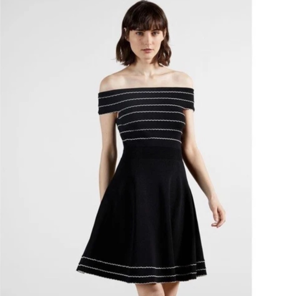 Ted Baker London Maisie Bardot Knitted Black White Off Shoulder Skater Dress